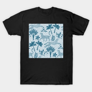 cheetahs and parrots in the jungle | blue monochrome | repeat pattern T-Shirt